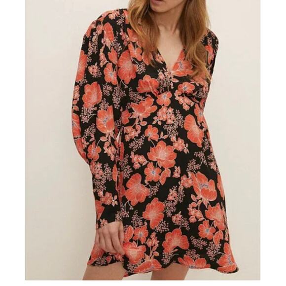 OASIS Black and Orange  Floral Puff Sleeve Mini Dress - Size 14 - Picture 1 of 6